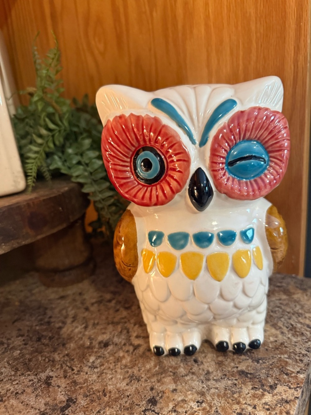 Anthropologie Vintage Owl Bank: Winking Ceramic Coin Bank, 8.5" Tall